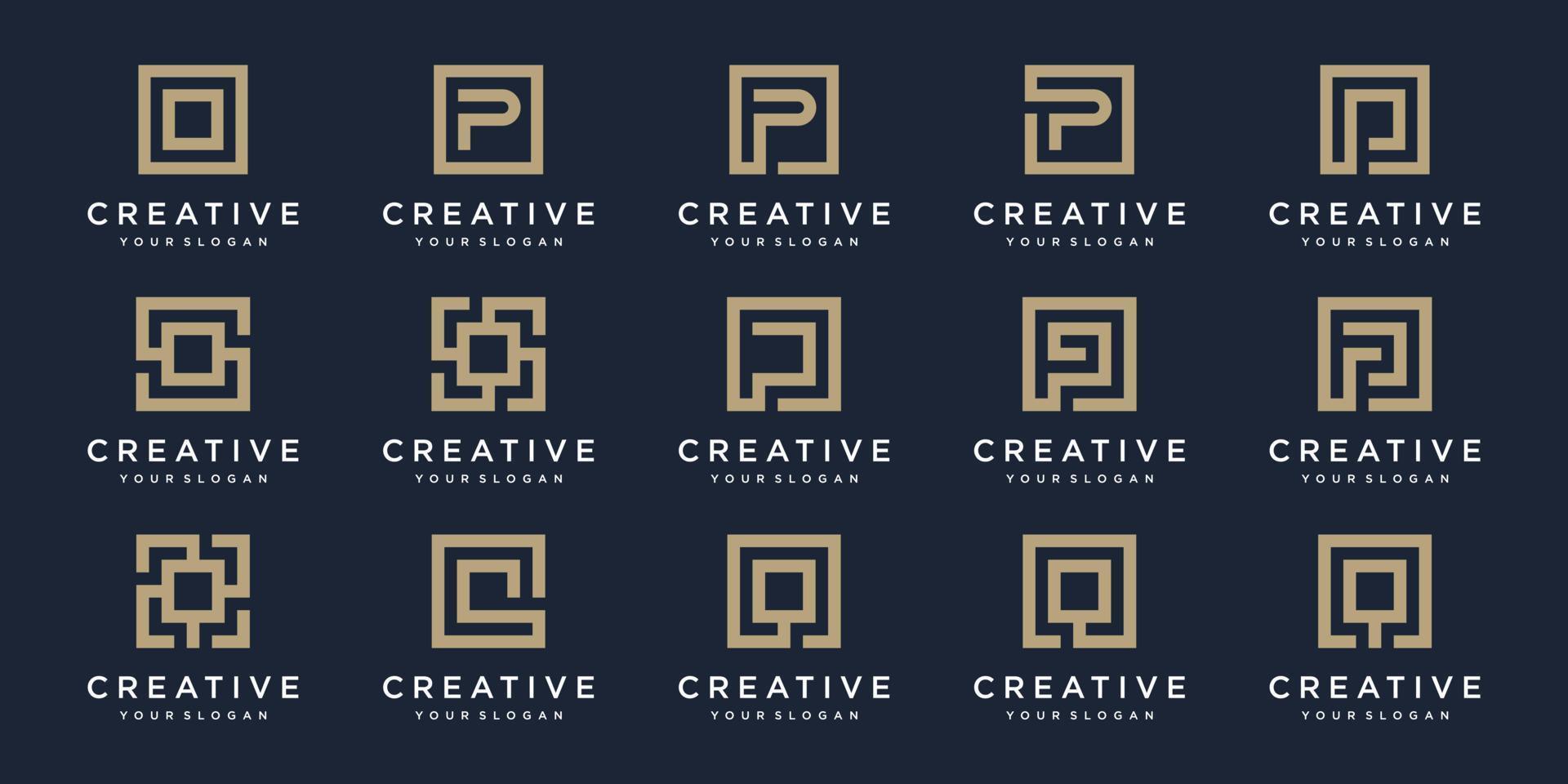 set of Logo design letters P, and Q with Square style. Vector template