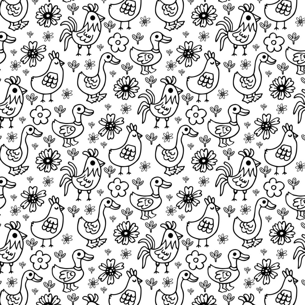 Chicken seamless pattern, farm birds spring background. Chick hen and cartoon rooster. Easter template, funny nowaday vector fabric print
