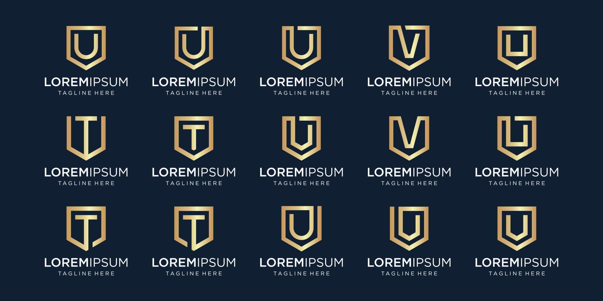 set of letter U T V monogram and shield sign combination. Line art logo design. Symbolizes reliability, safety, power, security.  luxury logotype. vector