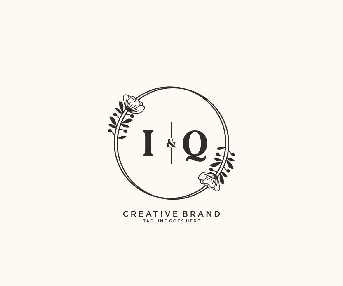 initial IQ letters hand drawn feminine and floral botanical logo suitable for spa salon skin hair beauty boutique and cosmetic company. vector