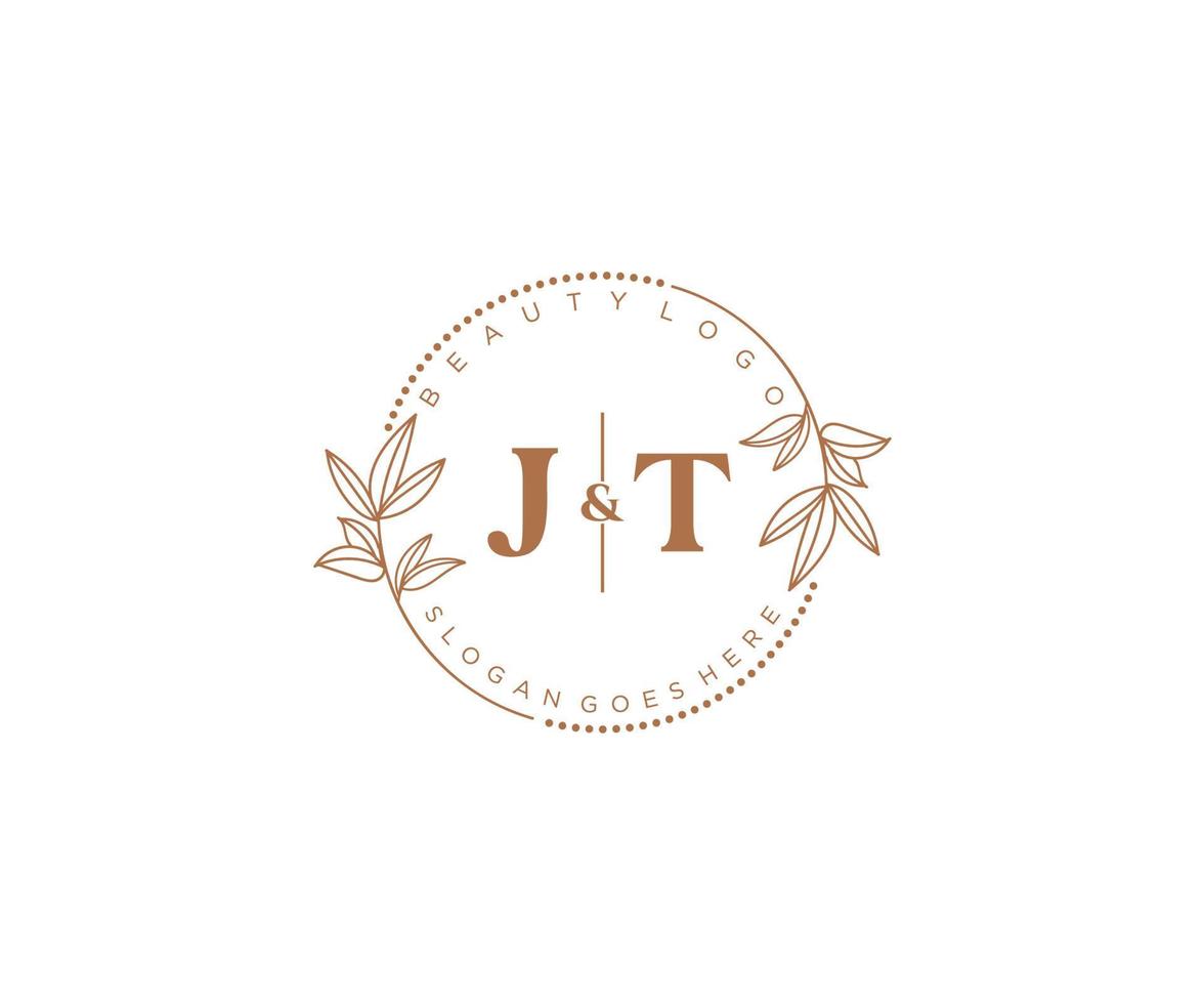 initial JT letters Beautiful floral feminine editable premade monoline logo suitable for spa salon skin hair beauty boutique and cosmetic company. vector