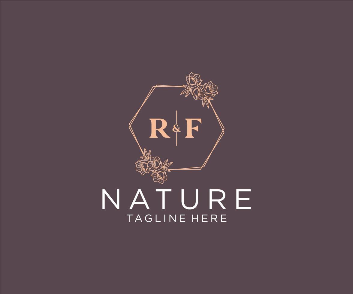 initial RF letters floral frames. Botanical feminine editable premade monoline unique decoration for greeting card, wedding invitation. vector