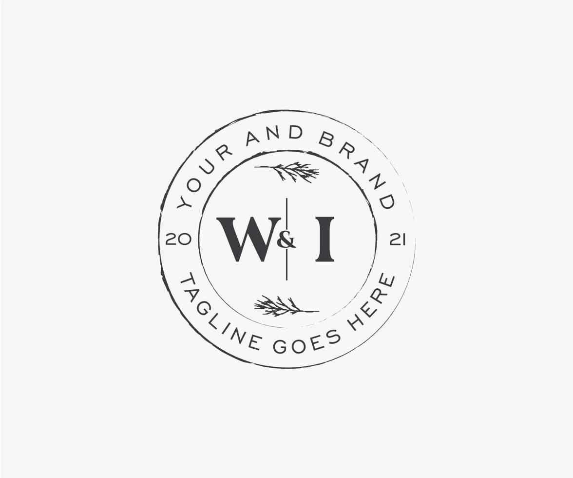 initial WI letters floral frames. Botanical feminine editable premade monoline unique decoration for greeting card, wedding invitation. vector