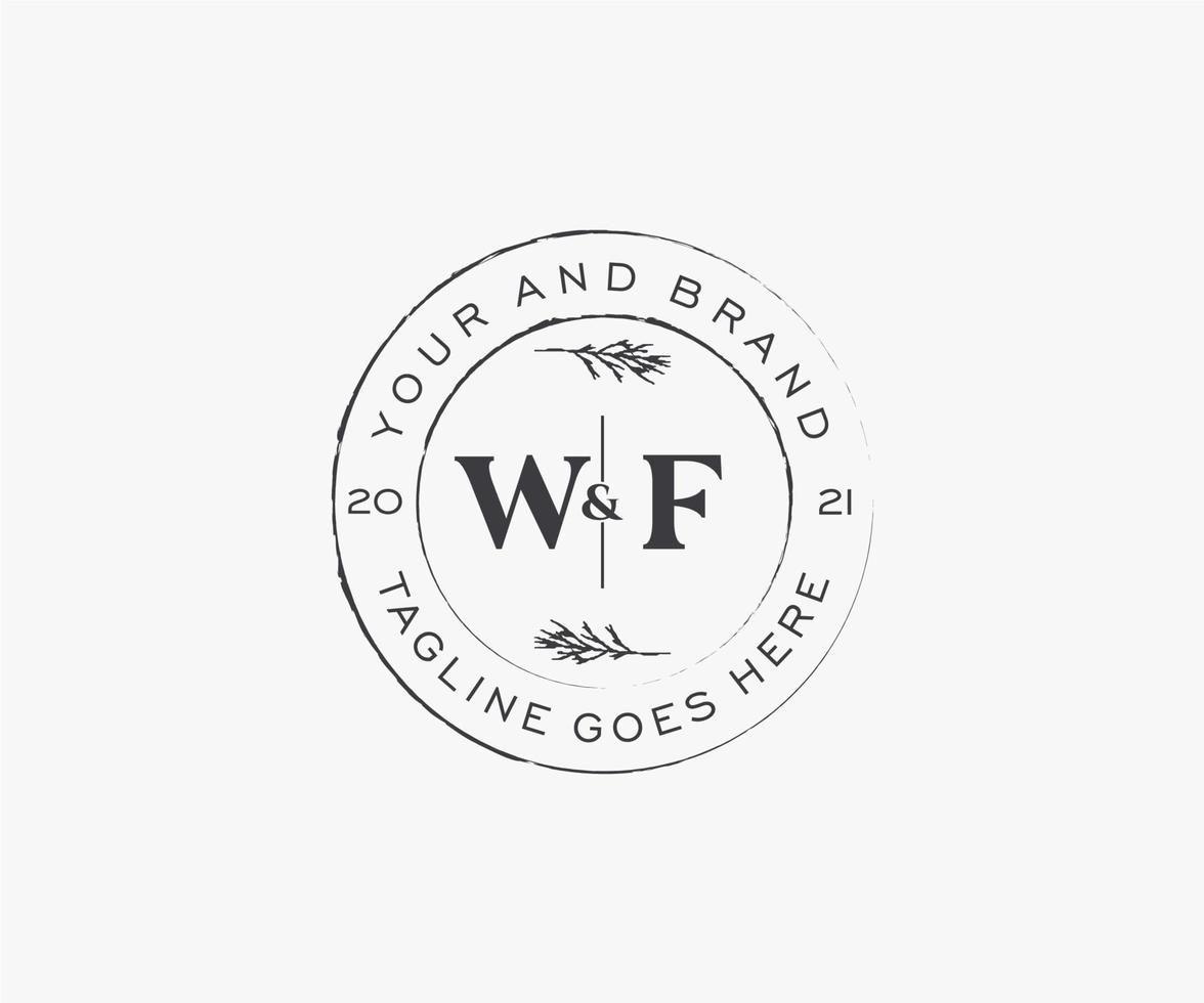initial WF letters floral frames. Botanical feminine editable premade monoline unique decoration for greeting card, wedding invitation. vector