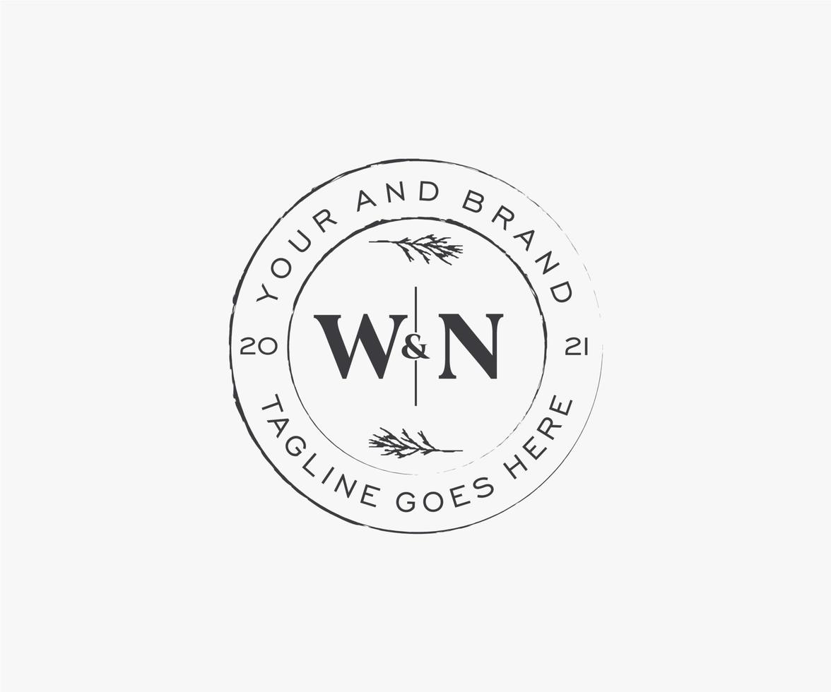 initial WN letters floral frames. Botanical feminine editable premade monoline unique decoration for greeting card, wedding invitation. vector