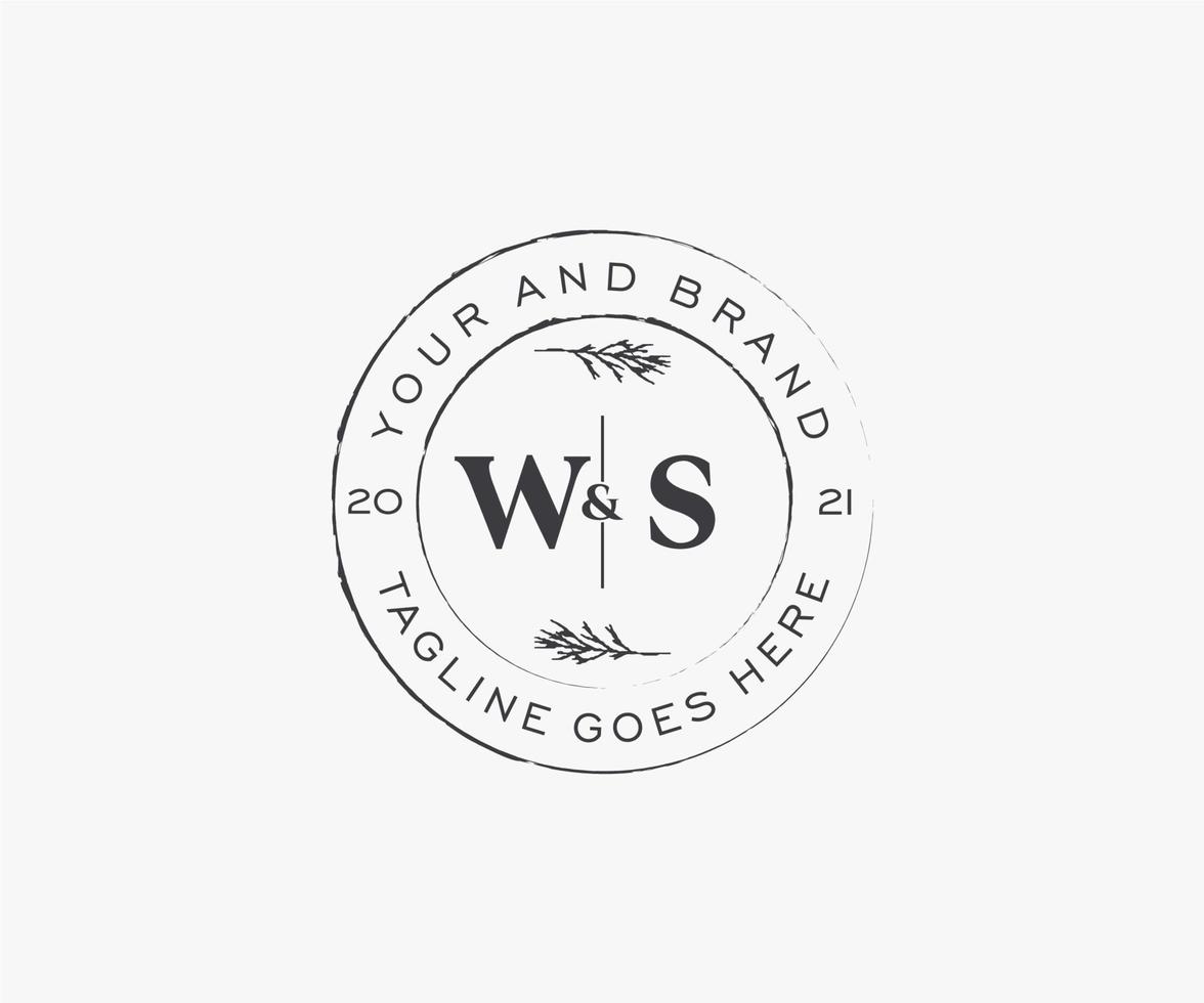 initial WS letters floral frames. Botanical feminine editable premade monoline unique decoration for greeting card, wedding invitation. vector
