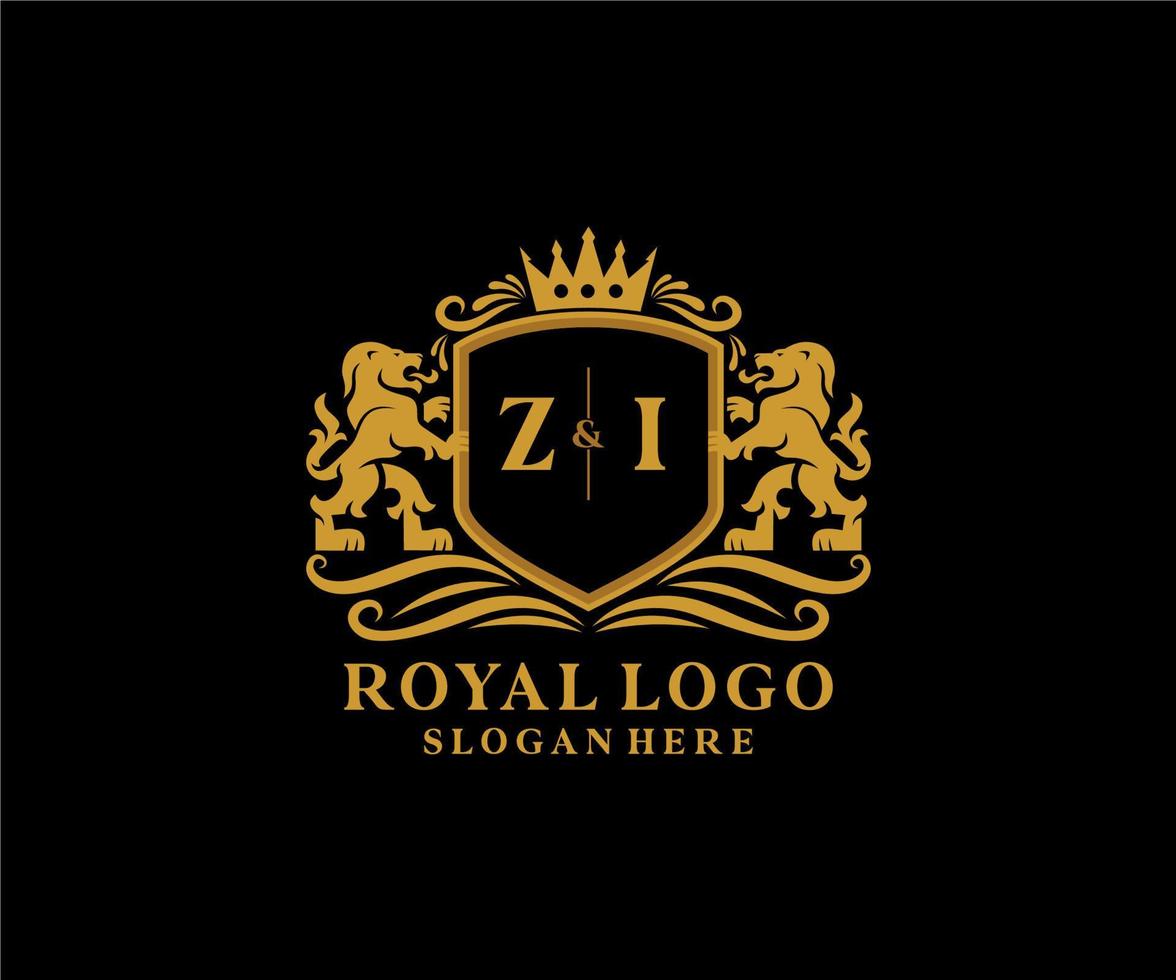 Initial ZI Letter Lion Royal Luxury Logo template in vector art for Restaurant, Royalty, Boutique, Cafe, Hotel, Heraldic, Jewelry, Fashion and other vector illustration.