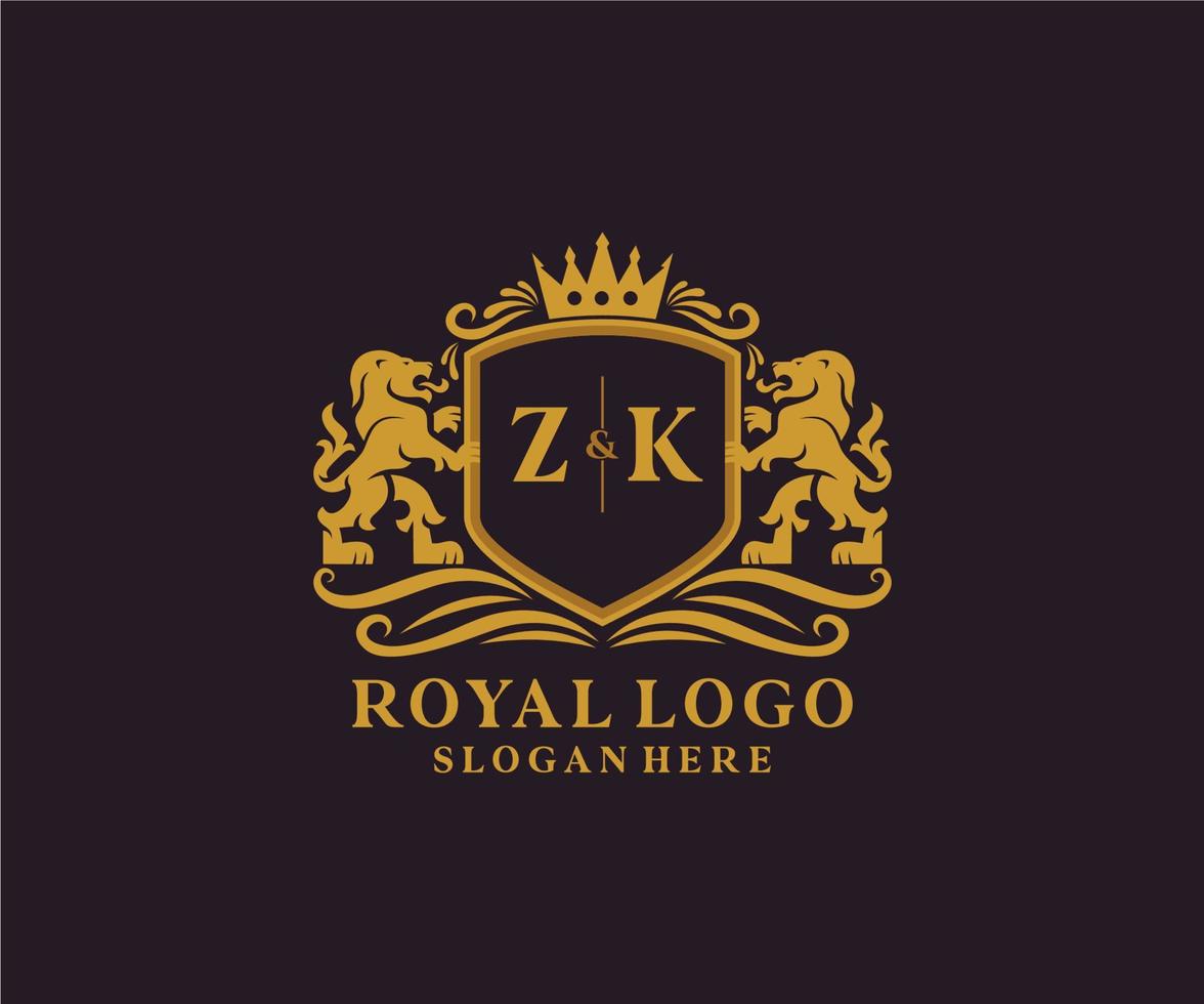 Initial ZK Letter Lion Royal Luxury Logo template in vector art for Restaurant, Royalty, Boutique, Cafe, Hotel, Heraldic, Jewelry, Fashion and other vector illustration.