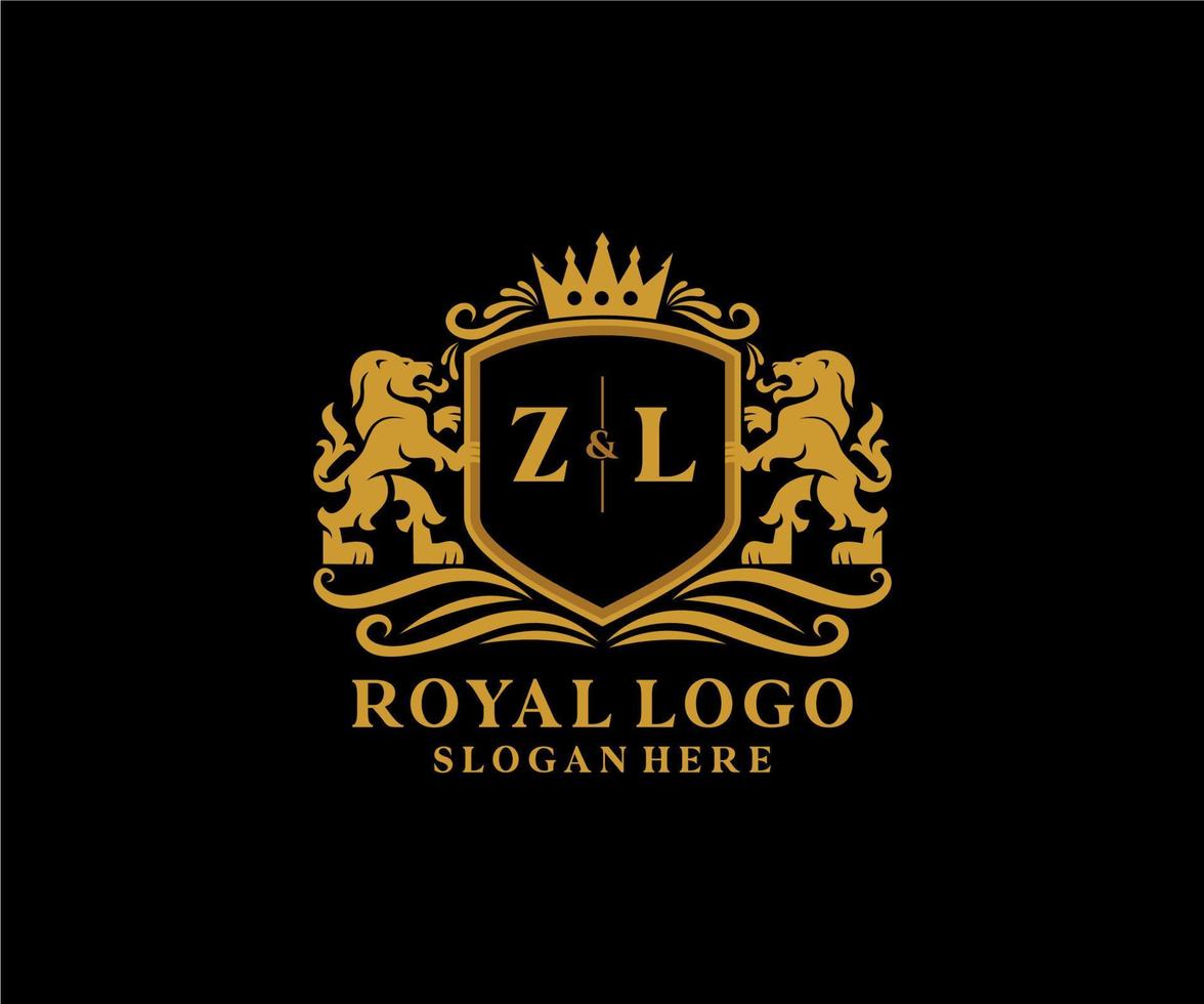 Initial ZL Letter Lion Royal Luxury Logo template in vector art for Restaurant, Royalty, Boutique, Cafe, Hotel, Heraldic, Jewelry, Fashion and other vector illustration.