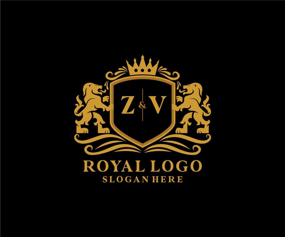 Initial ZV Letter Lion Royal Luxury Logo template in vector art for Restaurant, Royalty, Boutique, Cafe, Hotel, Heraldic, Jewelry, Fashion and other vector illustration.
