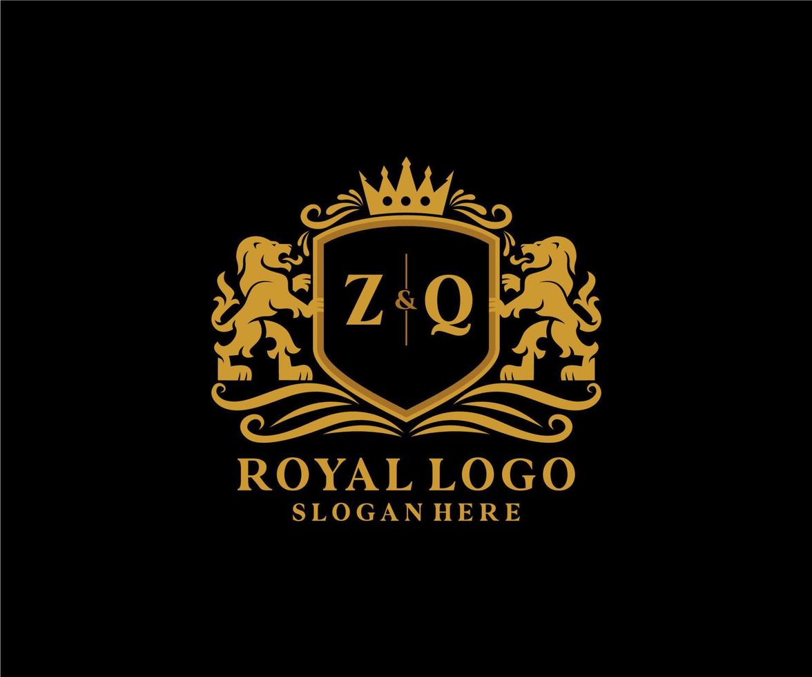 Initial ZQ Letter Lion Royal Luxury Logo template in vector art for Restaurant, Royalty, Boutique, Cafe, Hotel, Heraldic, Jewelry, Fashion and other vector illustration.