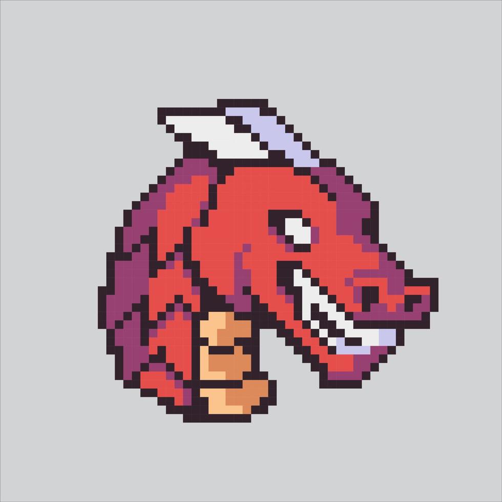 Pixel monster dragon head. Pixelated dragon magic animal fairytales for the pixel art game and icon for website. vector