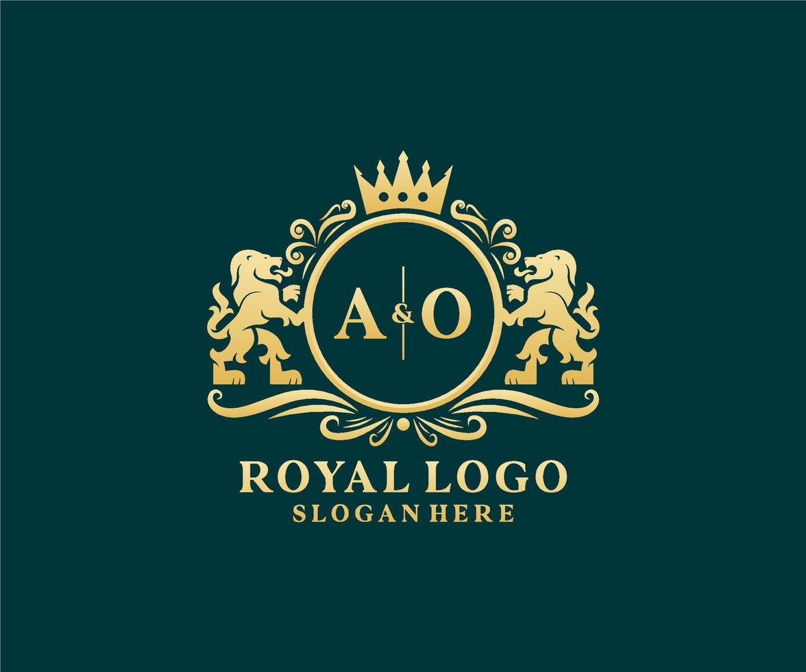 Initial AO Letter Lion Royal Luxury Logo template in vector art for Restaurant, Royalty, Boutique, Cafe, Hotel, Heraldic, Jewelry, Fashion and other vector illustration.