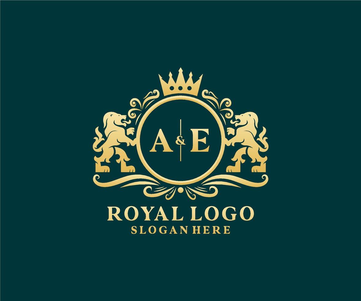 Initial AE Letter Lion Royal Luxury Logo template in vector art for Restaurant, Royalty, Boutique, Cafe, Hotel, Heraldic, Jewelry, Fashion and other vector illustration.