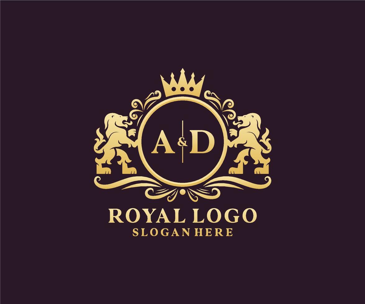 Initial AD Letter Lion Royal Luxury Logo template in vector art for Restaurant, Royalty, Boutique, Cafe, Hotel, Heraldic, Jewelry, Fashion and other vector illustration.