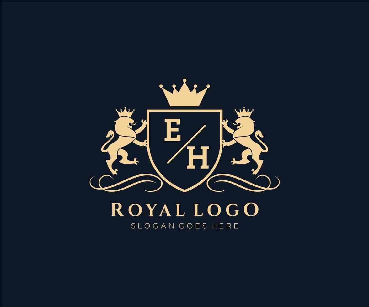 Initial EH Letter Lion Royal Luxury Heraldic,Crest Logo template in vector art for Restaurant, Royalty, Boutique, Cafe, Hotel, Heraldic, Jewelry, Fashion and other vector illustration.