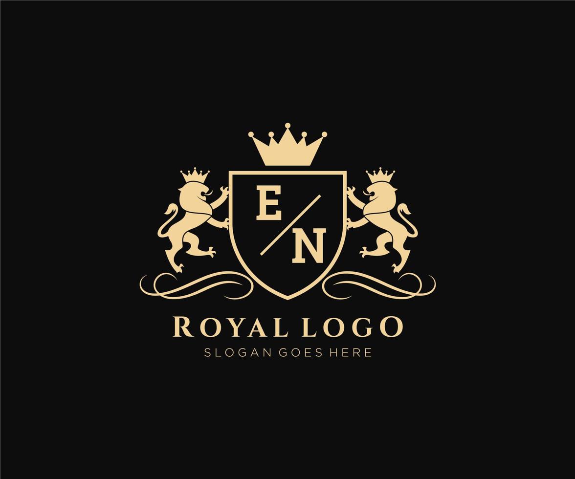 Initial EN Letter Lion Royal Luxury Heraldic,Crest Logo template in vector art for Restaurant, Royalty, Boutique, Cafe, Hotel, Heraldic, Jewelry, Fashion and other vector illustration.