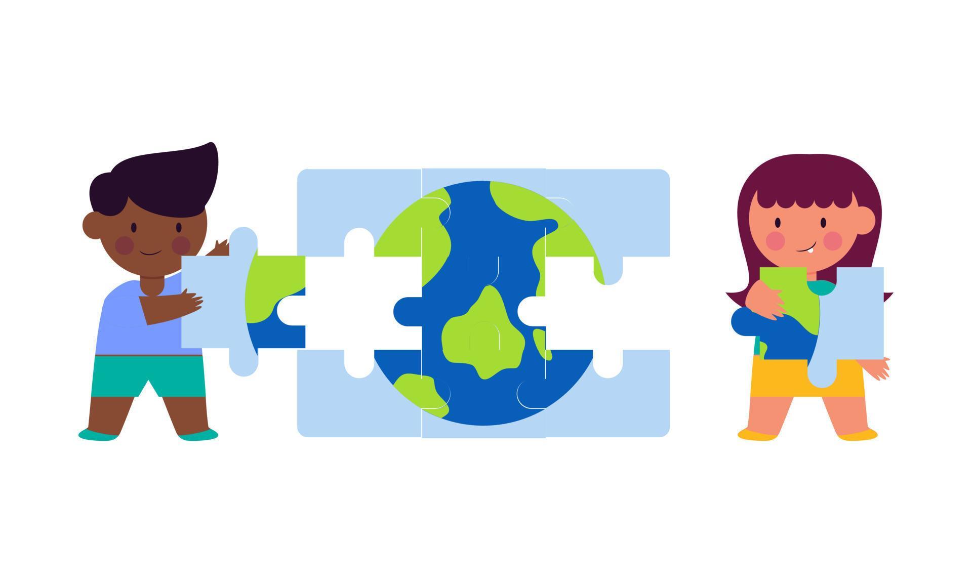 Happy cute little kids play jigsaw puzzle illustration 21587435 Vector