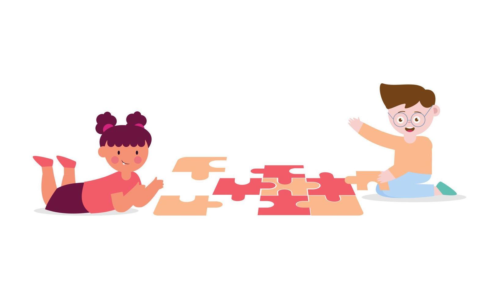 Happy cute little kids play jigsaw puzzle illustration vector