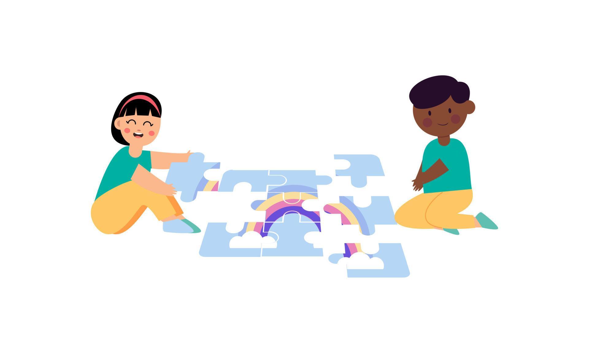 Happy cute little kids play jigsaw puzzle illustration 21587439 Vector