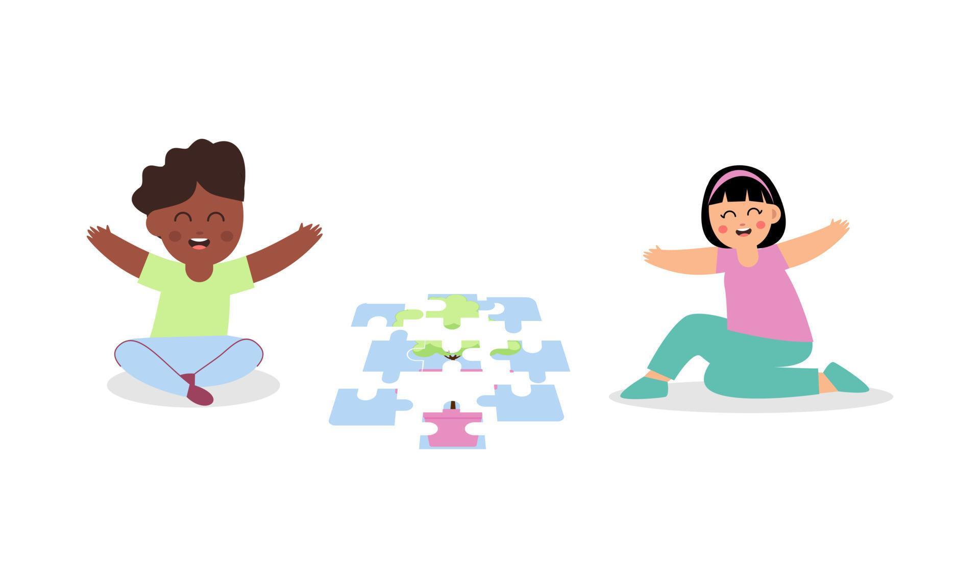Happy cute little kids play jigsaw puzzle illustration 21587444 Vector