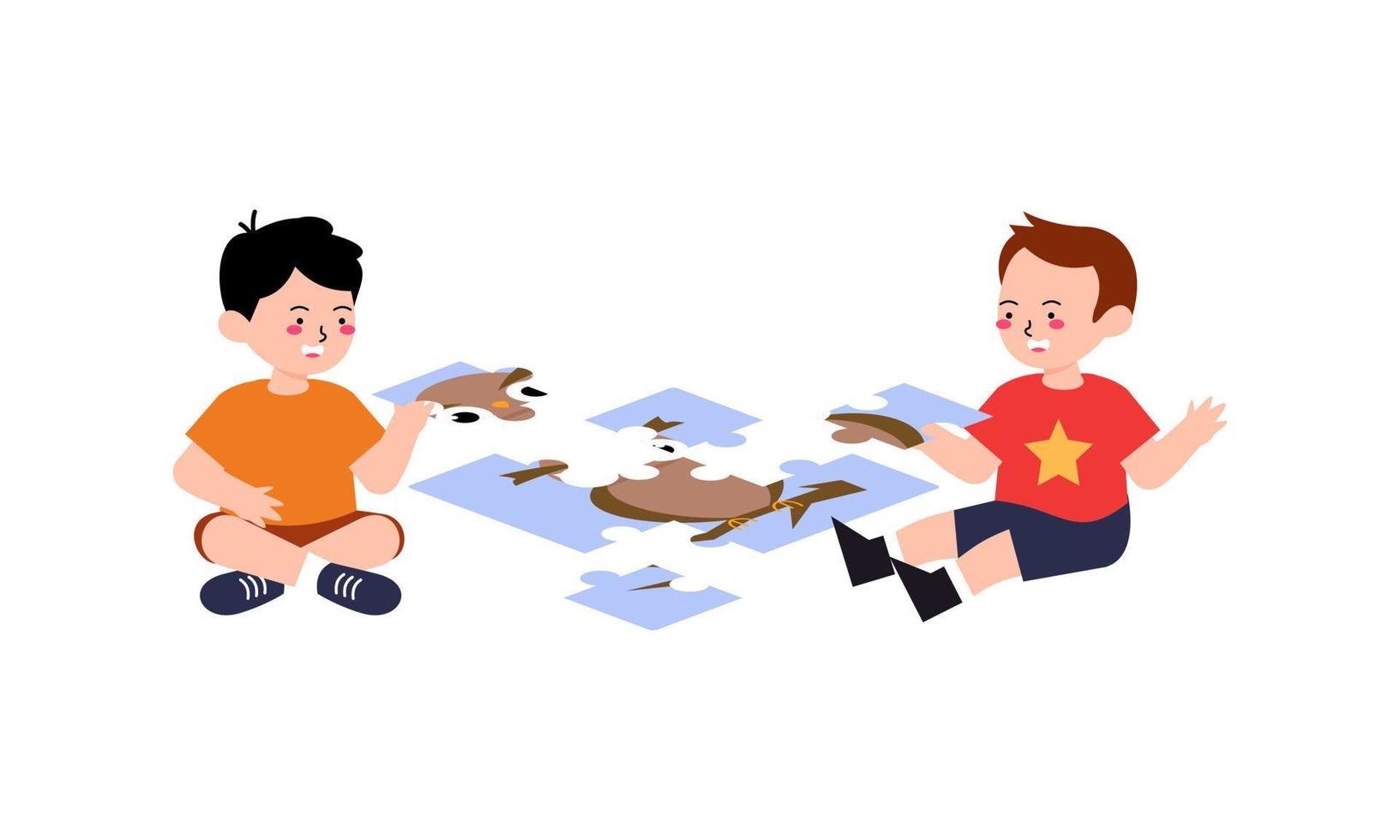 Happy cute little kids play jigsaw puzzle illustration vector