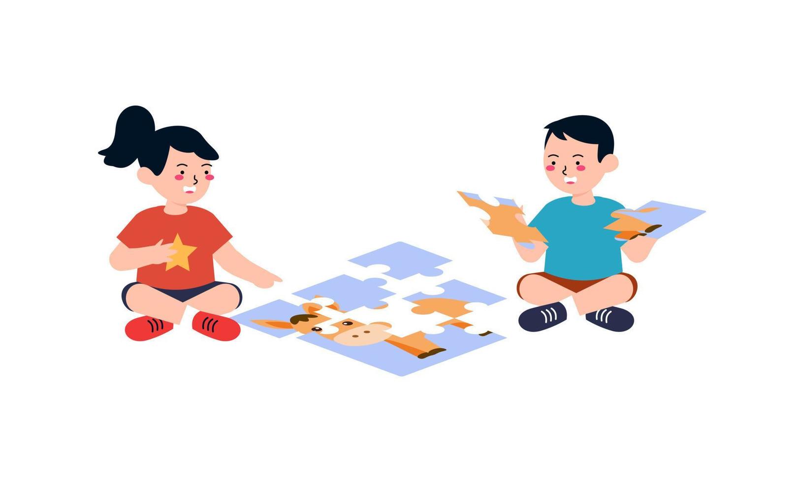 Happy cute little kids play jigsaw puzzle illustration vector