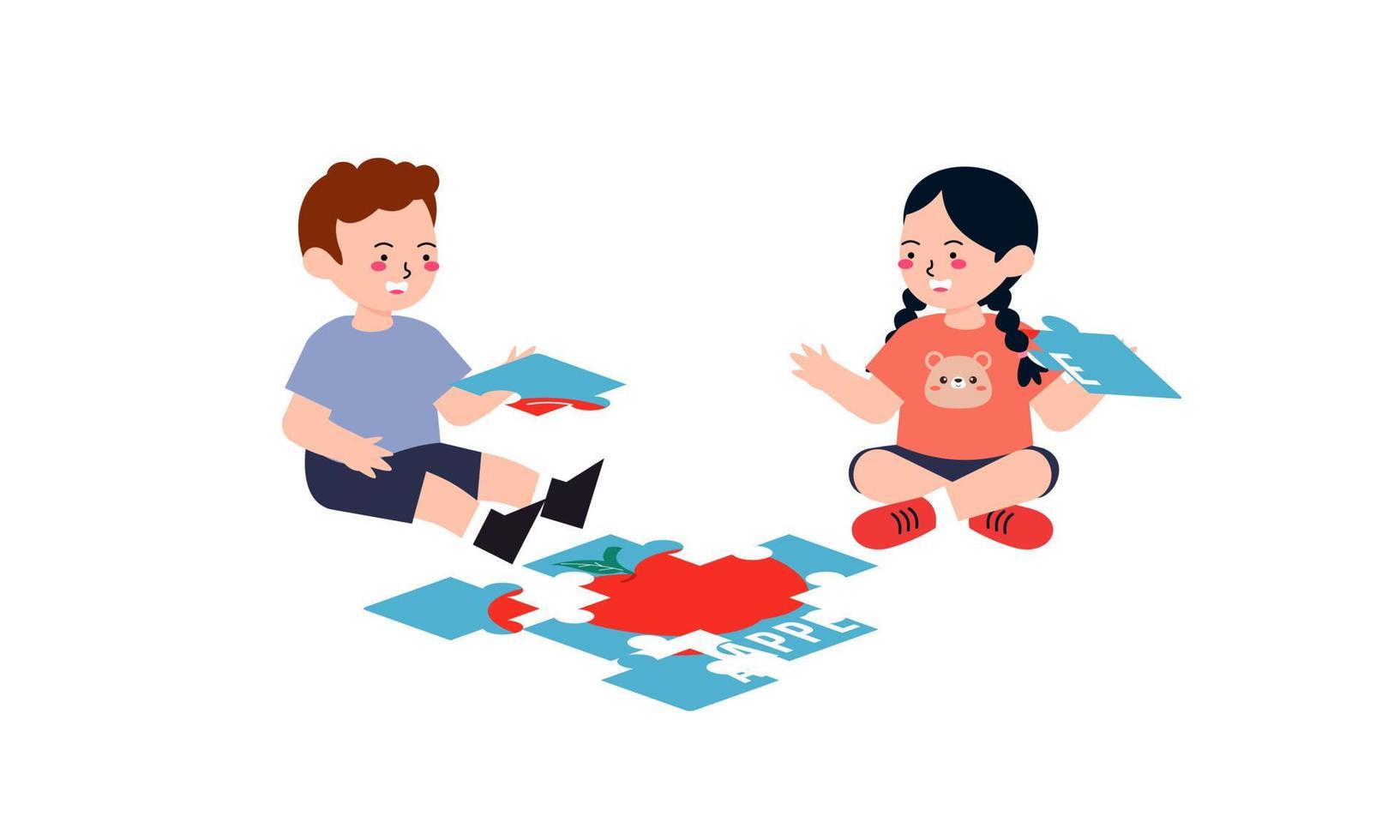 Happy cute little kids play jigsaw puzzle illustration vector