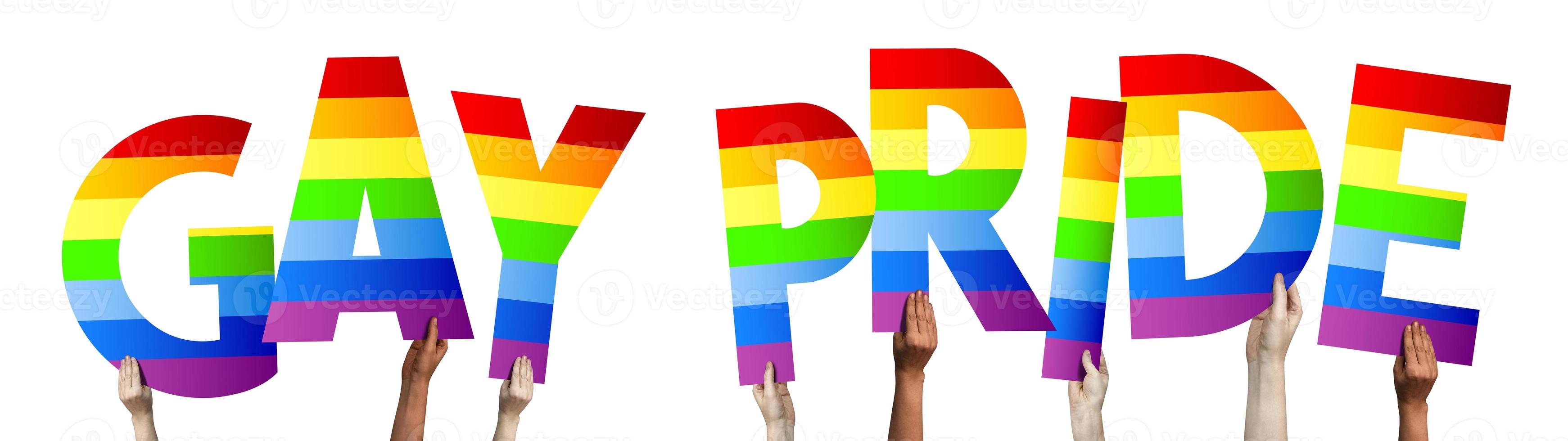 Gay Pride Banner - Human Hands Holding Colorful Letters photo