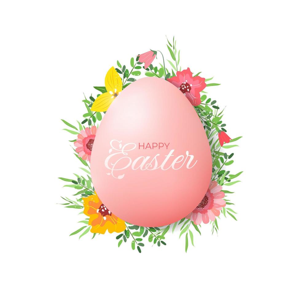 isolated Happy Easter egg with flowers and typography on white backdrop. Holiday concept design for greeting card, banner, poster, flyer, web, print. Vector illustration