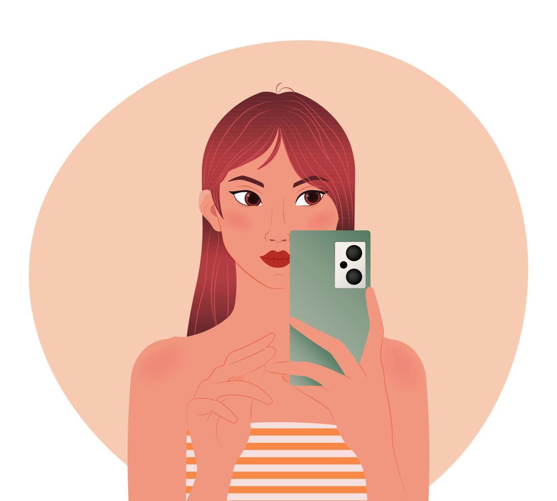 kawaii dibujos animados niña tomando selfie con su teléfono inteligente hermosa joven mujer con rojo pelo estilo. vector ilustración en manga estilo.