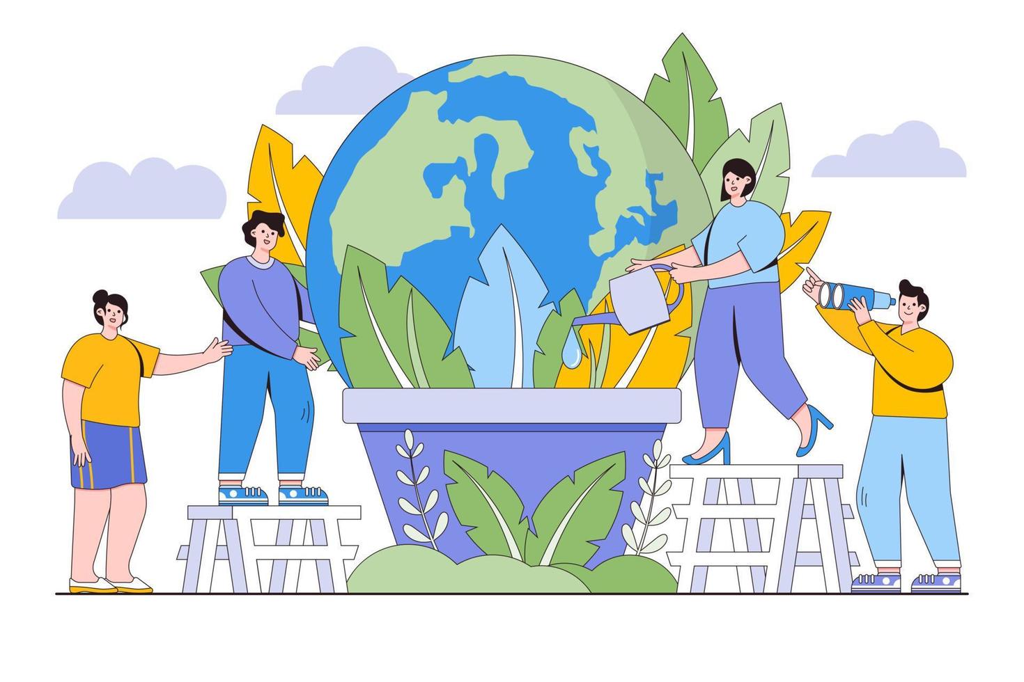 Save planet and energy concept. Environmental and earth day vector cartoon illustration for landing page, web banner, homepage, hero images