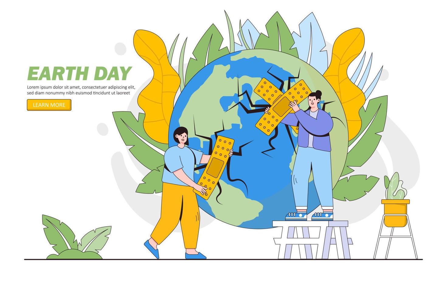 Volunteers healing planet wounds with medical adhesive and caring for planet ecology. Environmental and earth day vector cartoon illustration for landing page, web banner, hero images