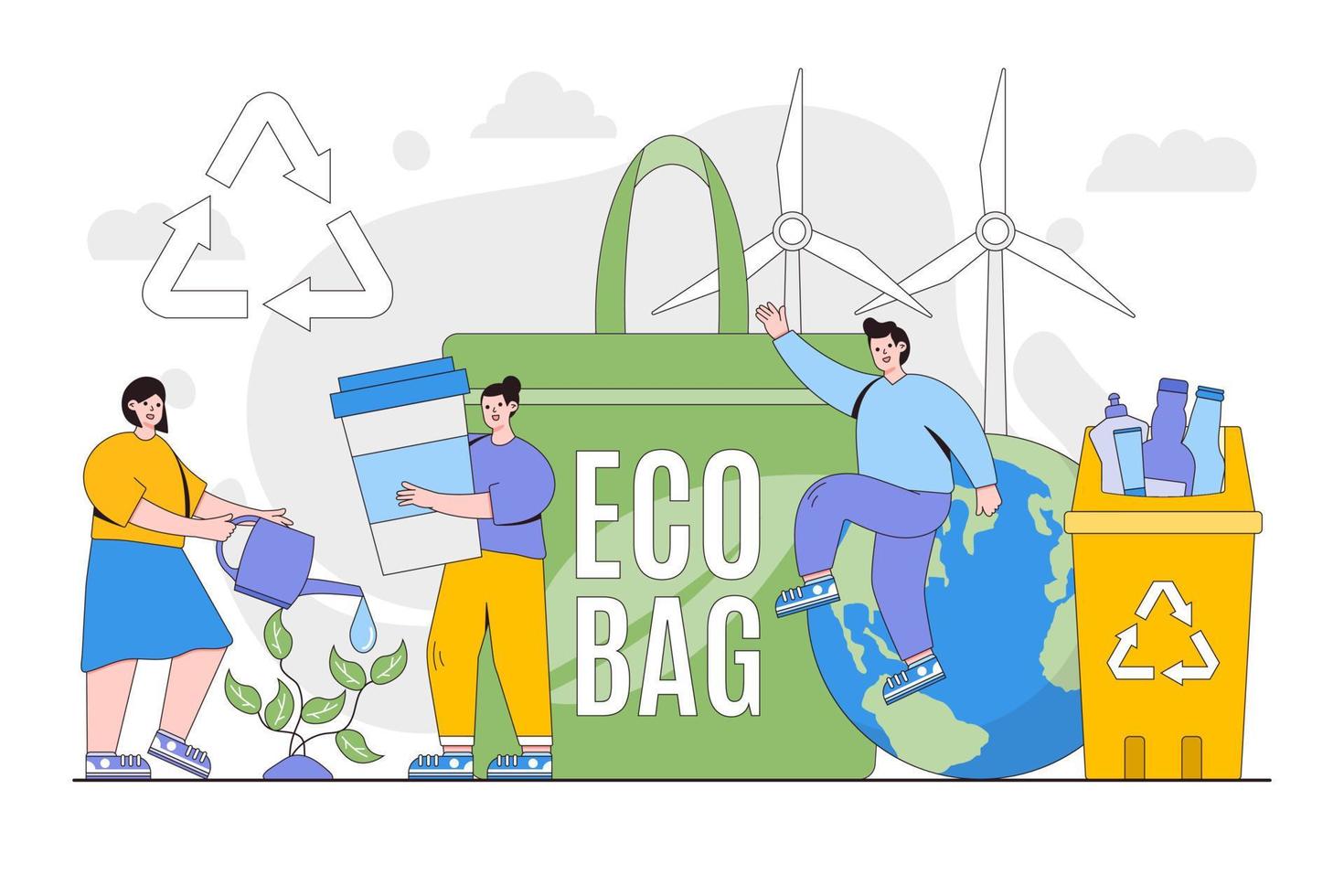 Eco friendly shopping and zero waste concept. People using eco bag, sorting plastic waste for recycling. Environmental and earth day vector illustration for landing page, web banner, hero images