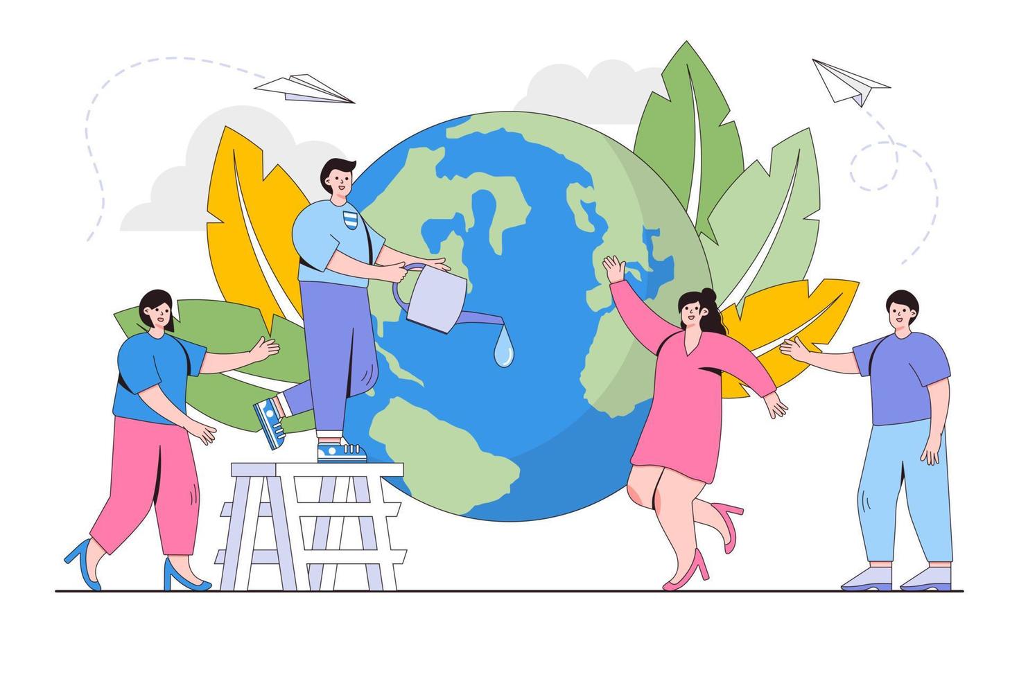 salvar planeta y energía concepto. ambiental y tierra día vector dibujos animados ilustración para aterrizaje página, web bandera, página principal, héroe imágenes