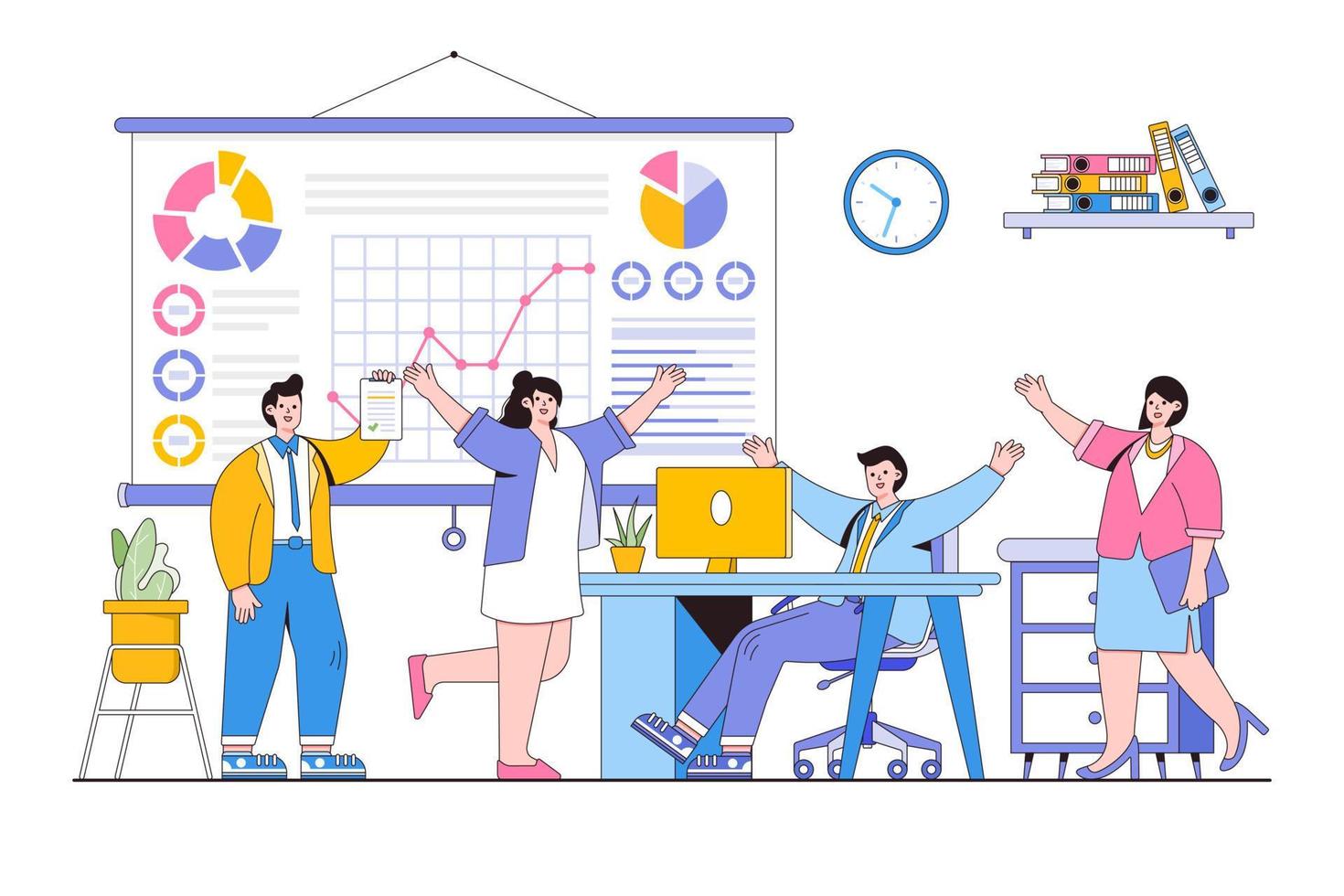 Businesspeople celebrate project development and reach target in office. Business process workflow management. Outline design style minimal vector illustration for landing page, hero images