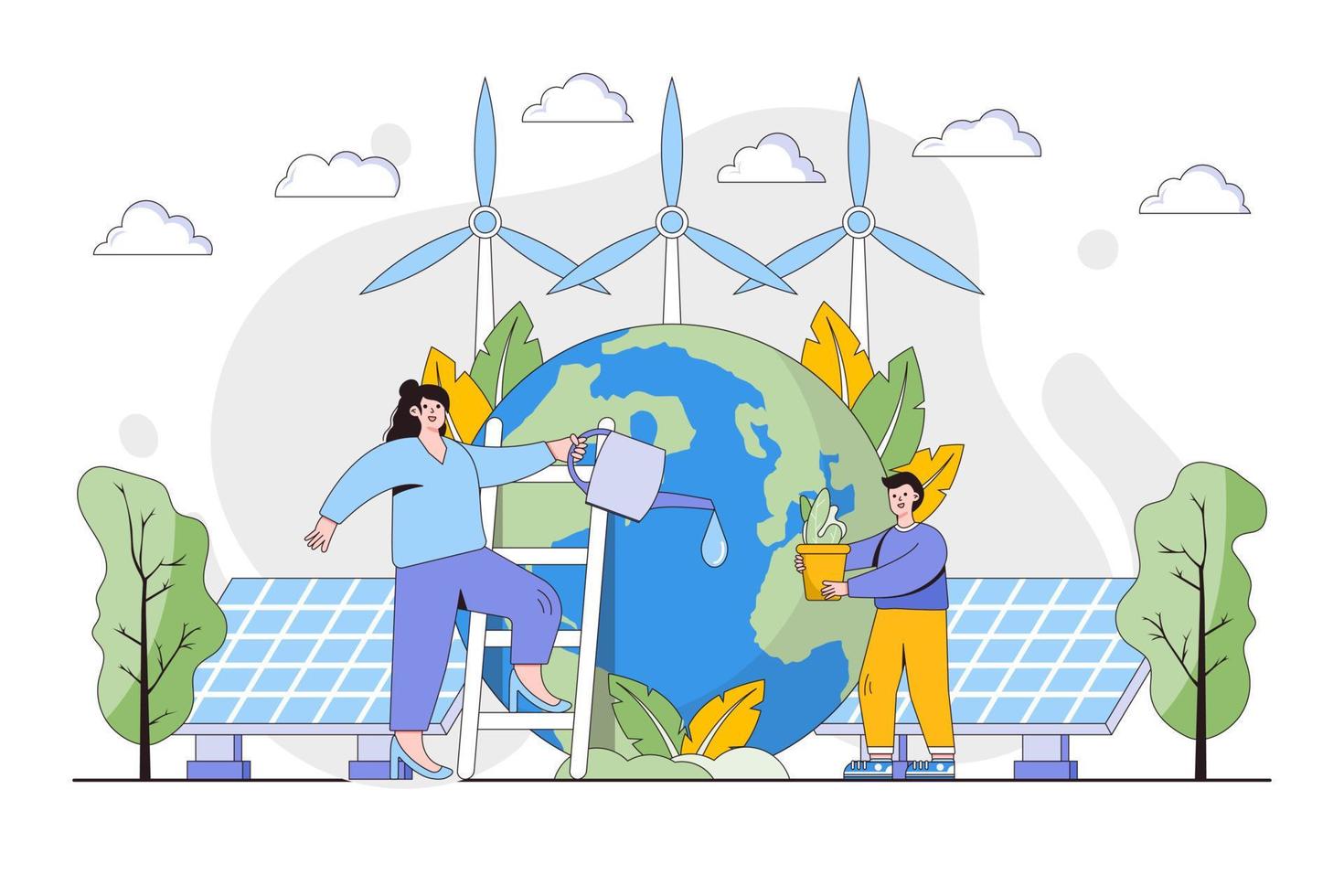 Ecology concept. People take care about planet and protect nature. Environmental and earth day vector cartoon illustration for landing page, web banner, hero images