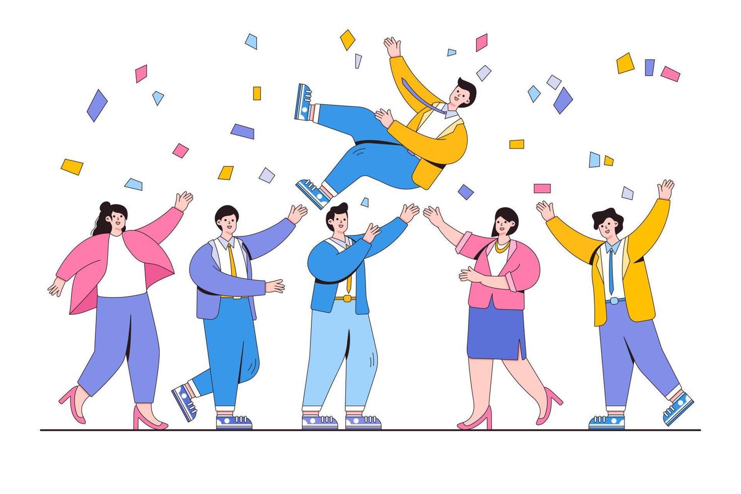 Business success congratulation concept. Team of young people tossing up in air man with confetti flying around and celebrating victory achievement. Minimal vector illustration for landing page