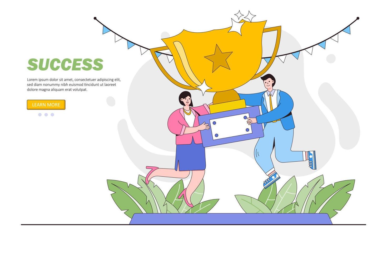 Winners team and celebrating victory. Man and woman holding golden winner's cup or prize together. Outline design style minimal vector illustration for landing page, web banner, hero images