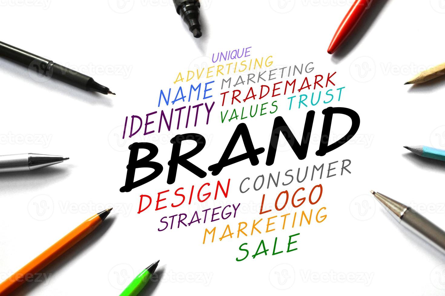 Brand Word and Pens on White Background photo
