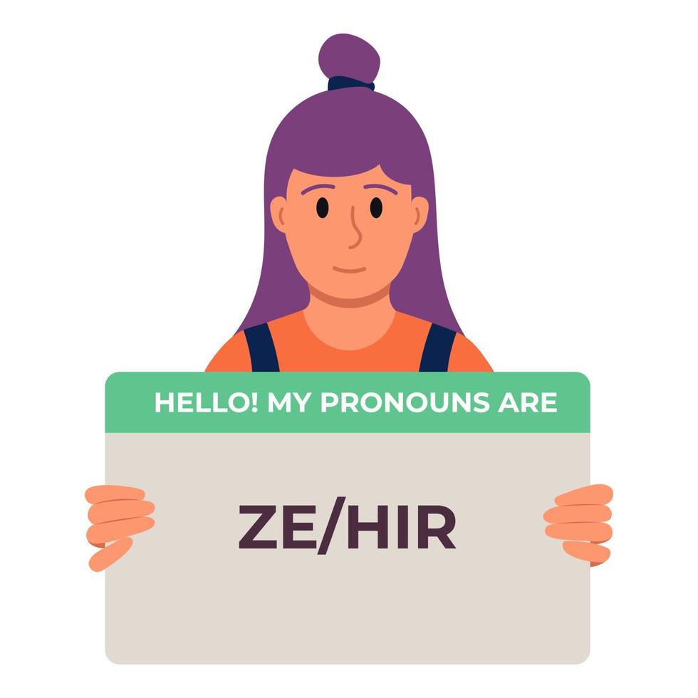 Purple Hair Non Binary Person Holding Sign With Pronouns Ze Hir. Flat Style Vector Illustration