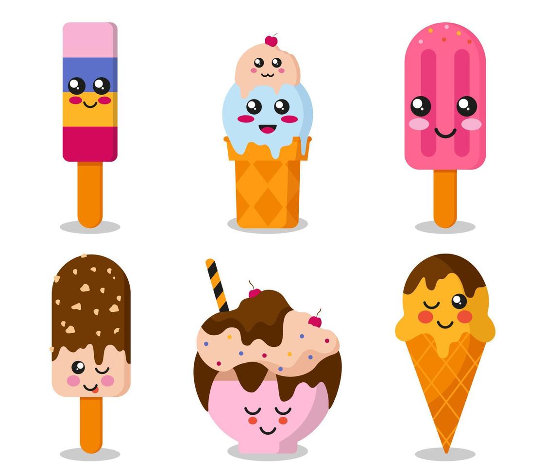 Different Flavors Of Ice Cream. Big Collection Of Ice Cream With Funny Faces Flat Style Illustration vector