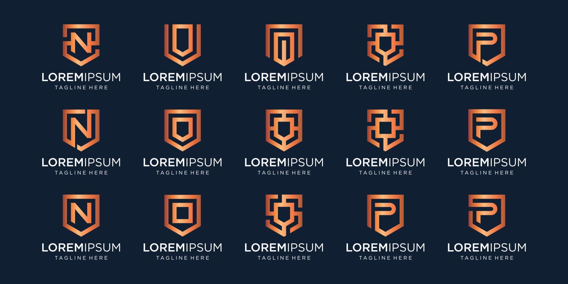 set of letter N P V monogram and shield sign combination. Line art logo design. Symbolizes reliability, safety, power, security.  luxury logotype. vector