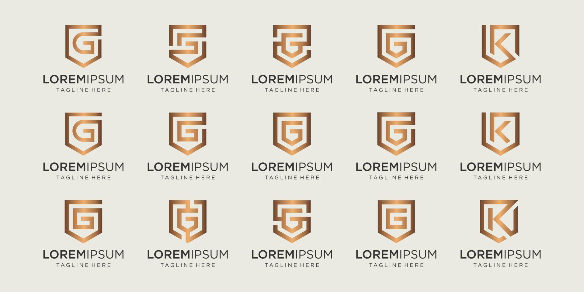 set of letter G K monogram and shield sign combination. Line art logo design. Symbolizes reliability, safety, power, security.  luxury logotype. vector