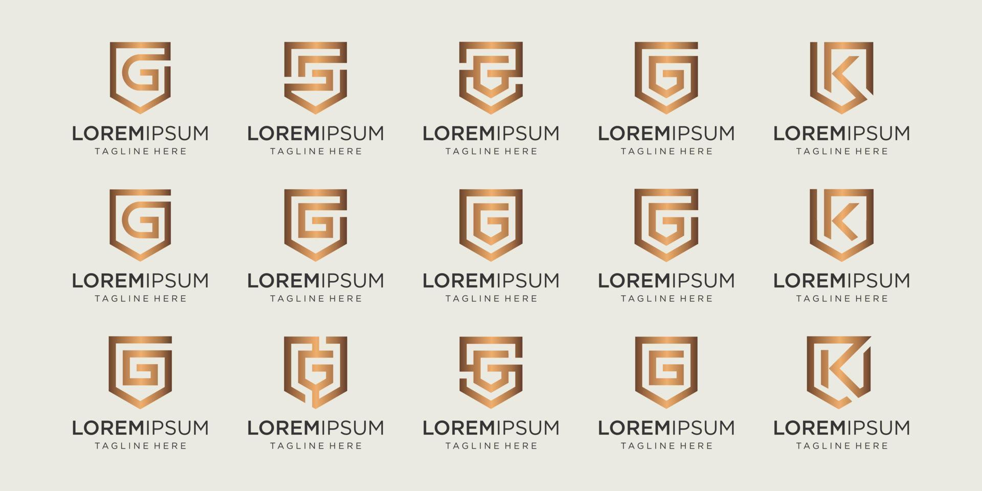 set of letter G K monogram and shield sign combination. Line art logo design. Symbolizes reliability, safety, power, security.  luxury logotype. vector