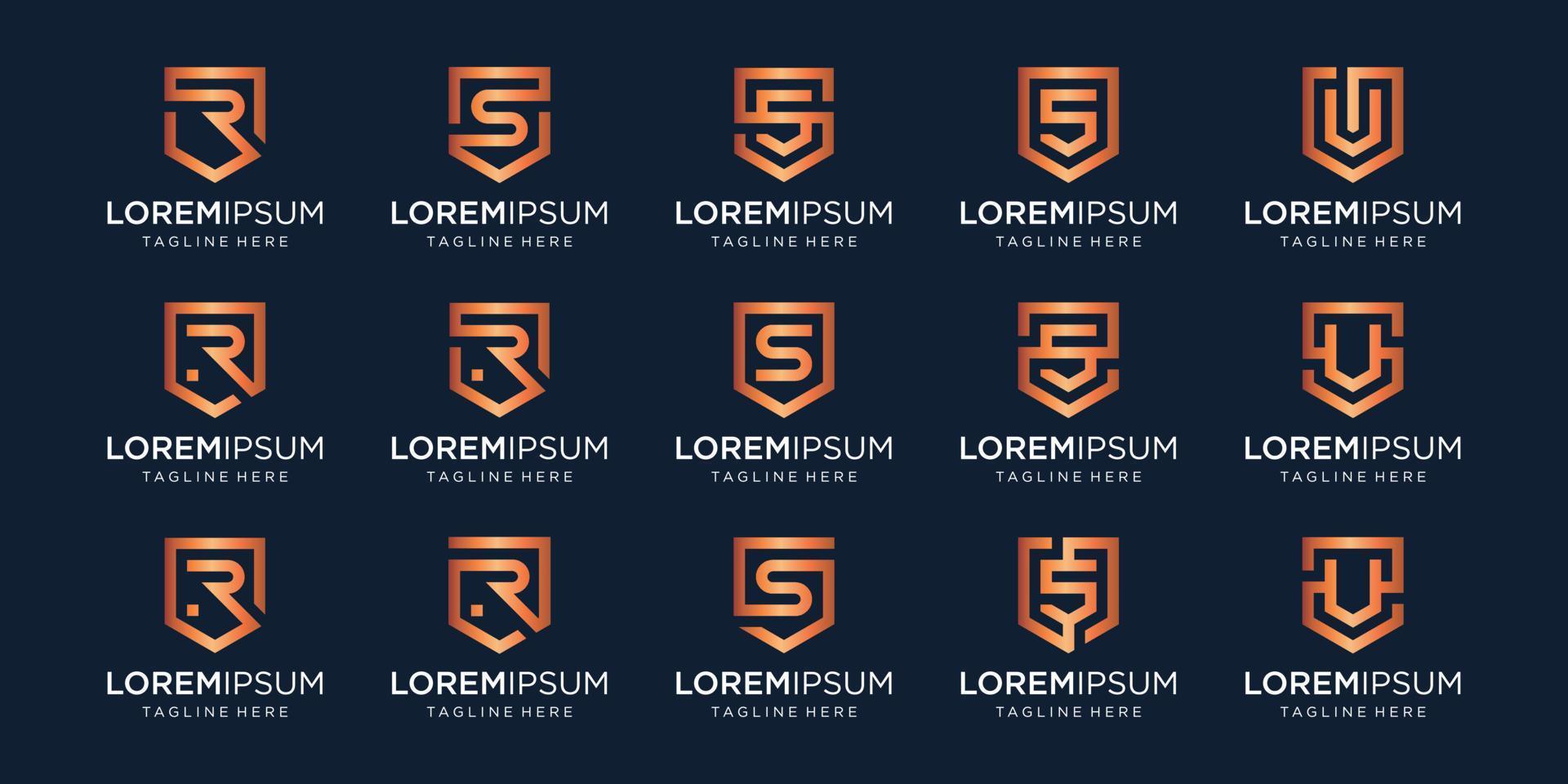 set of letter R S V monogram and shield sign combination. Line art logo design. Symbolizes reliability, safety, power, security.  luxury logotype. vector