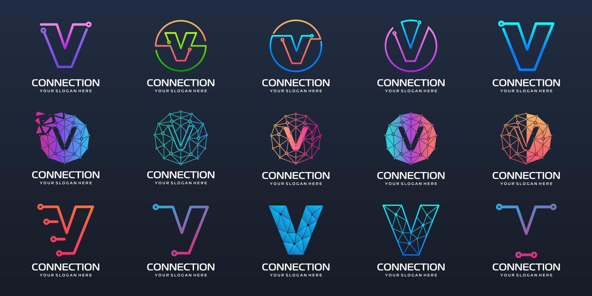 Set of letter V logo design. technology design combined with letter vector. vector