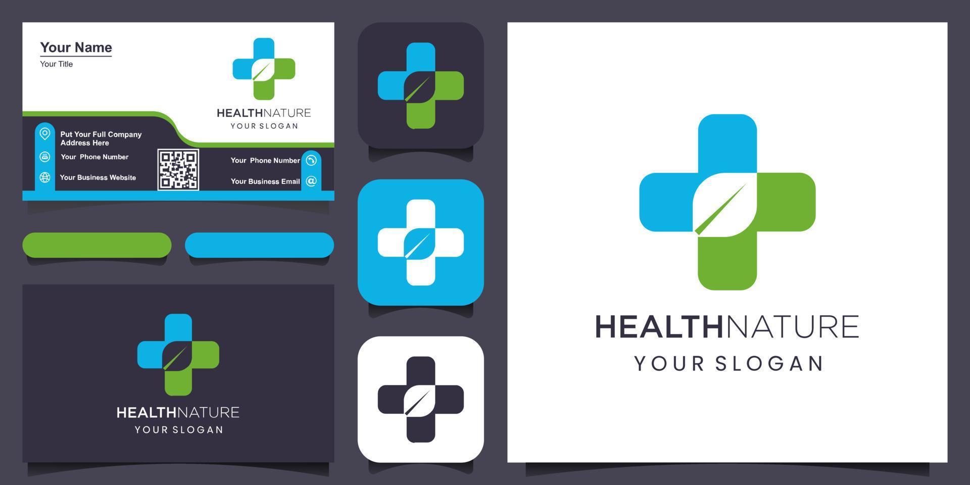 Medical and Health Pharmacy Logo combined with leaf Vector Design Template