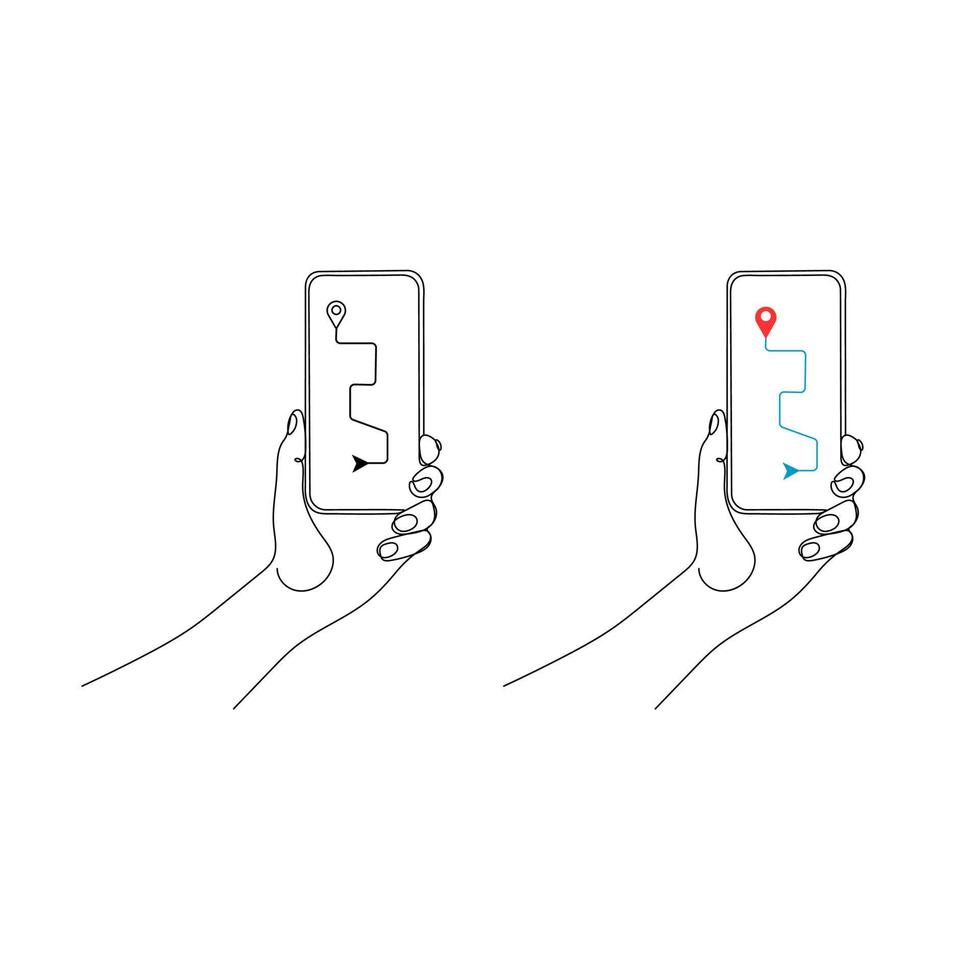 Hand holding phone, smartphone with navigation. One line art. Person holding device. Hand drawn vector illustration.