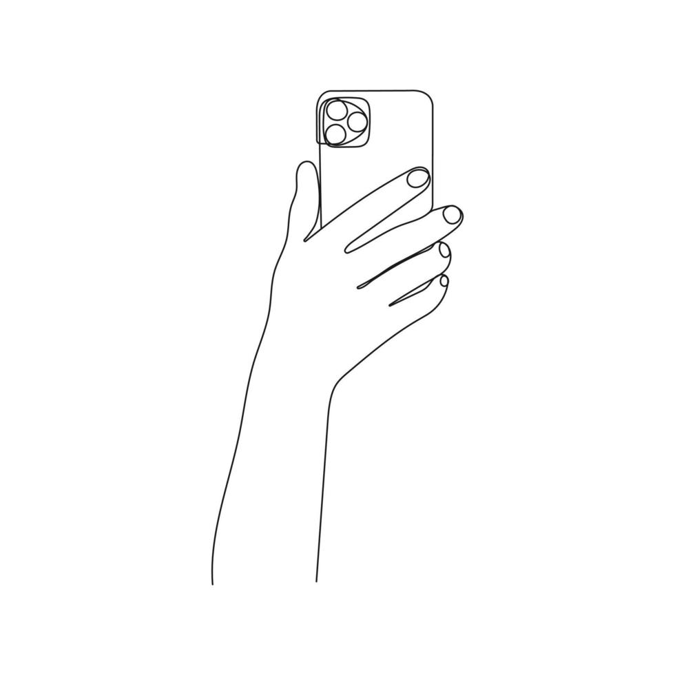 Hand holding smartphone to make picture. One line art. Person holding device. Hand drawn vector illustration.